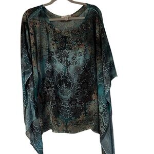 Dress Barn Kimono Poncho Forest Fairy Sheer Green Sequined Asymmetrical Hem Sz M